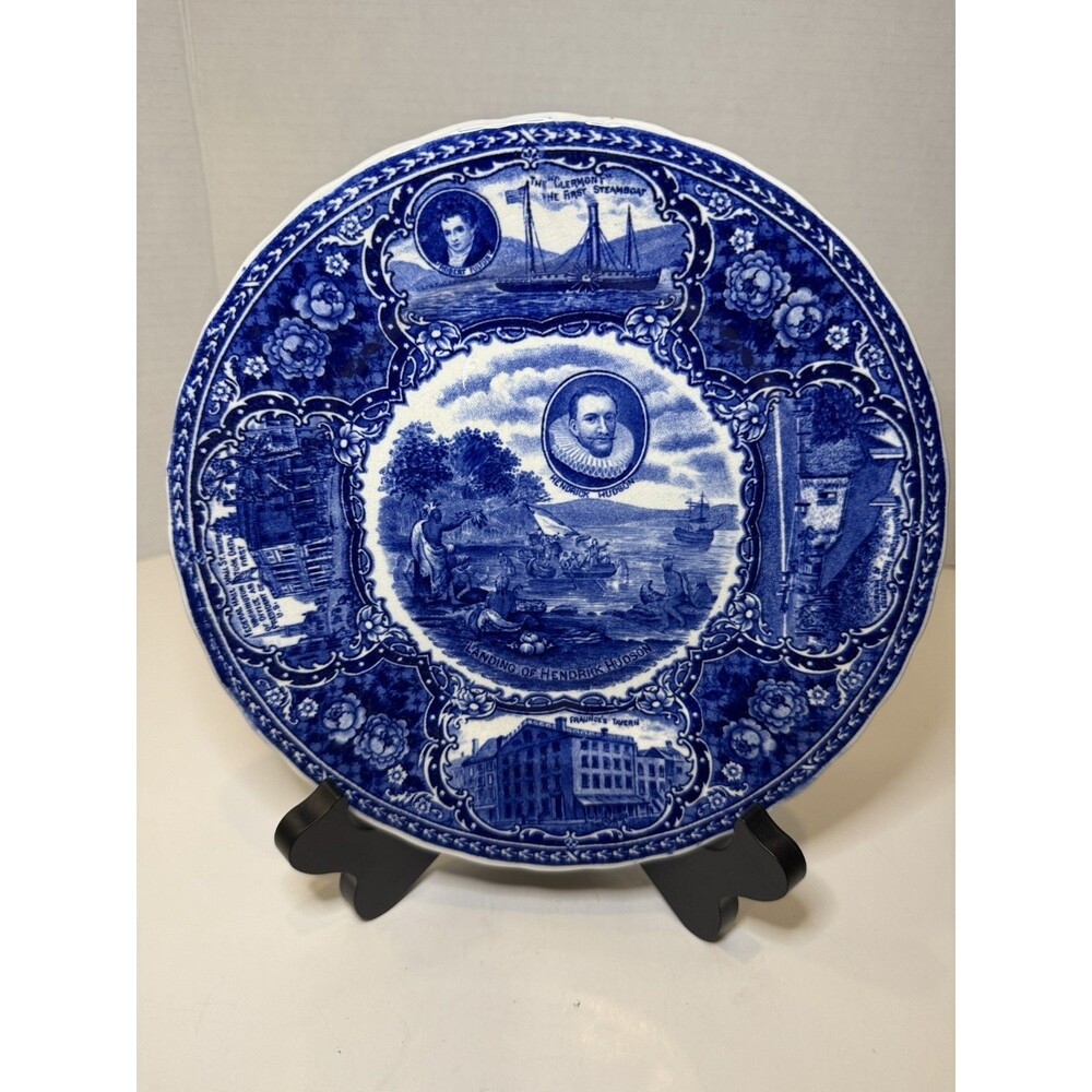 Ye Olde Historical Pottery No 5 Landing Hendrick Hudson Blue Transferware 9”